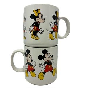 Vintage Disney Mickey Mouse & Minnie Mouse White Coffee Mugs Korea Collectible